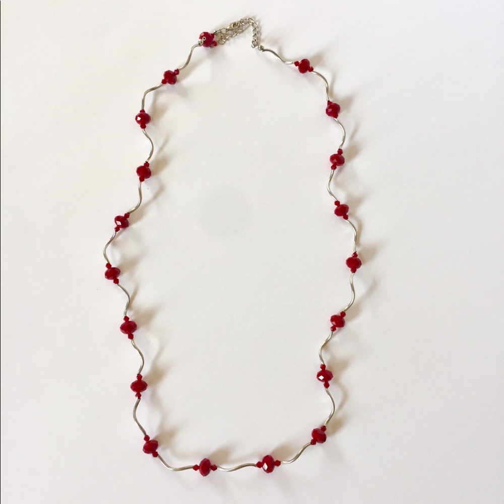Funky Vintage twisted necklace with red beads 30”